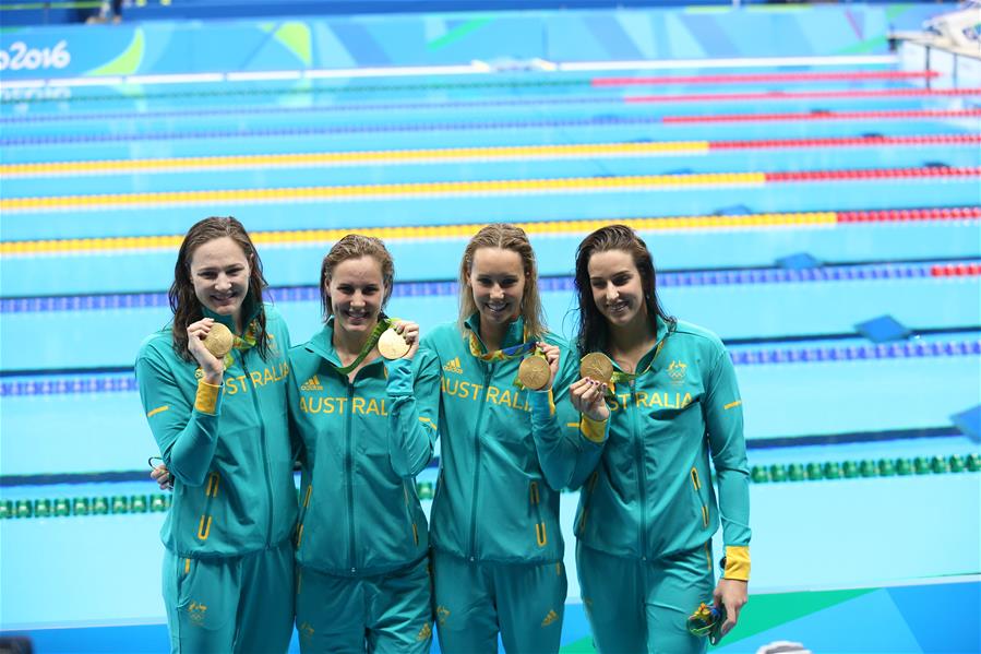 （里约奥运会·领奖台）（5）游泳——女子4x100米自由泳接力：颁奖仪式