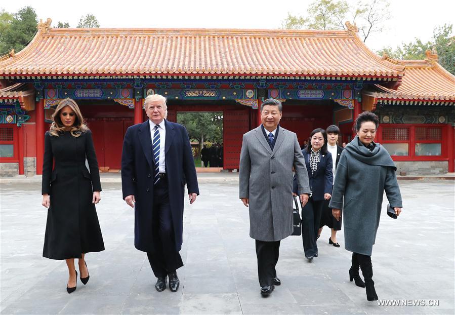 （XHDW）（1）习近平和夫人彭丽媛同美国总统特朗普和夫人梅拉尼娅茶叙