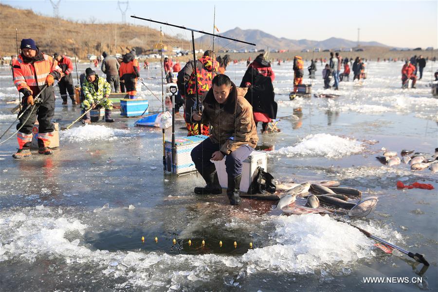 صورة:هواة صيد السمك على سطح نهر مجمد في مقاطعة خبي بشمالي الصين