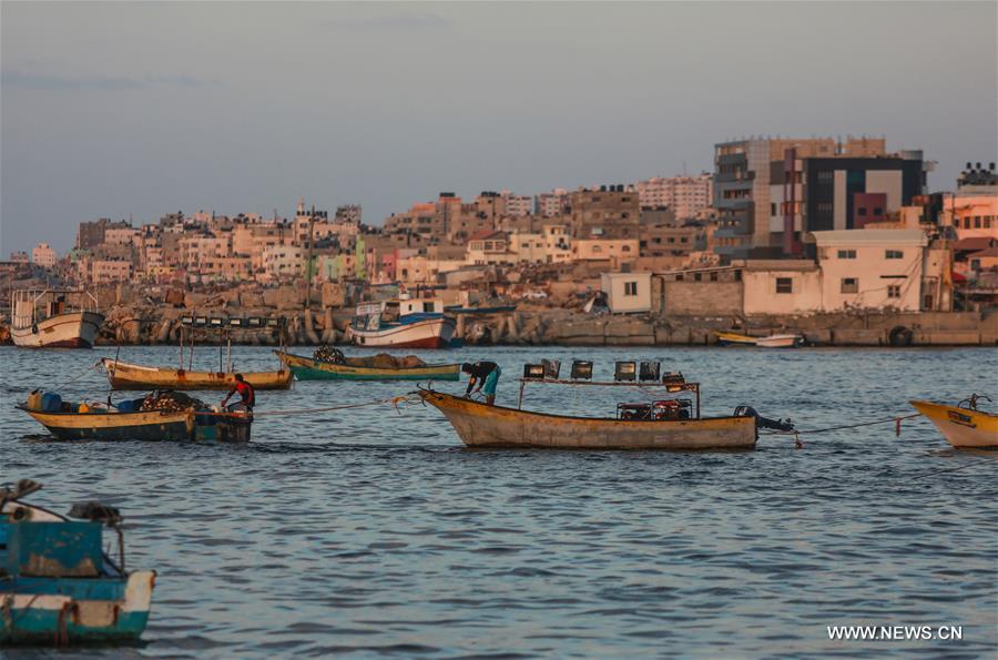الصورة: صيادون فلسطينيون يركبون قواربهم وسط ميناء غزة 