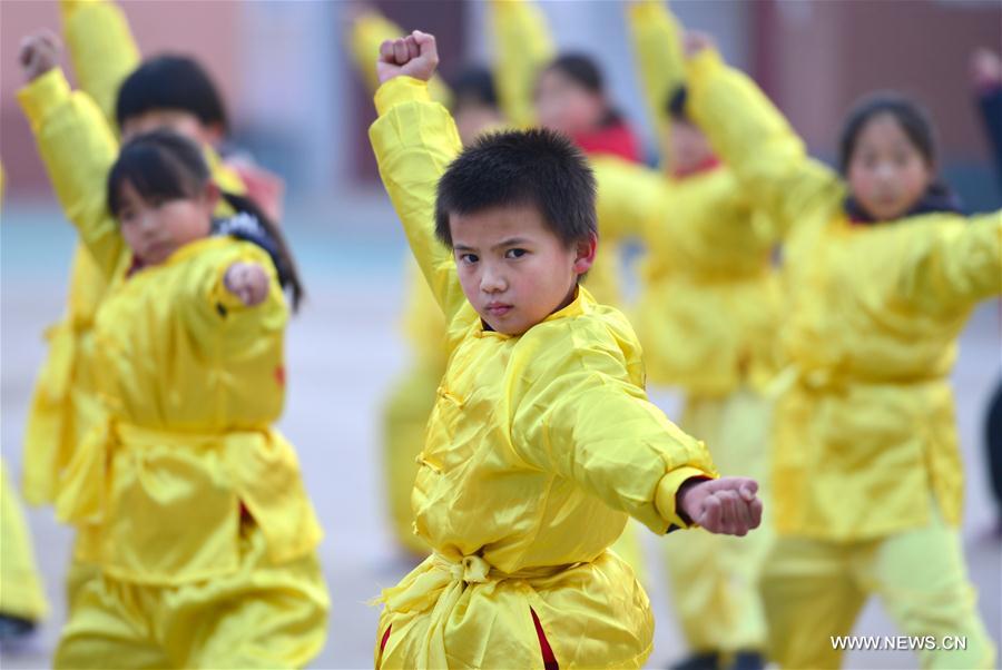 الصورة: طلبة يعرضون ملاكمة ميهوا من ألعاب الووشو التقليدية بشمالي الصين