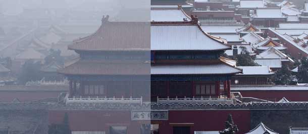 الصور تظهر معالم المدينة في الضباب الدخاني وقبل ظهوره