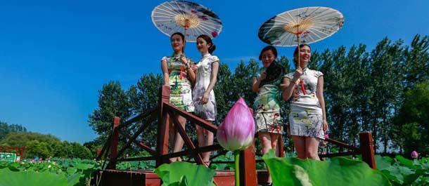 الصين الجميلة: معرض الفساتين الصينية التقليدية "تشيباو" في بركة اللوتس
