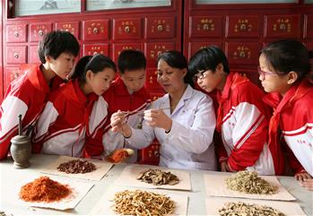 التلاميذ يتعلمون المعلومات عن الطب الصيني التقليدي في شمال الصين
