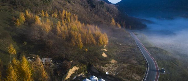 مناظر خلابة خلال المرحلة الانتقالية بين الخريف والشتاء في منطقة شننونغجيا للغابات