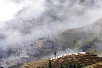 الحقول المدرجة المحيطة بالغيوم في جنوب غربي الصين