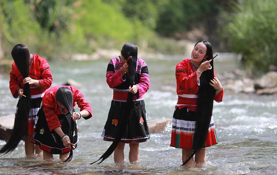 نساء من قومية صينية يستخدمن الشامبو الطبيعي الخاص لغشل شعرهن