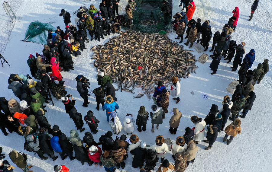 صيد السمك في الشتاء على المروج بشمالي الصين