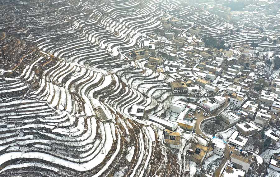 تساقط الثلوج على الحقول المدرجة في مدينة هاندان بمقاطعة خبي الصينية